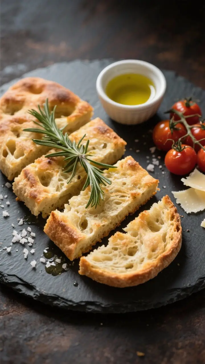 Final dish presentation: Restaurant-quality top view of sliced rustic focaccia on a dark stone platt