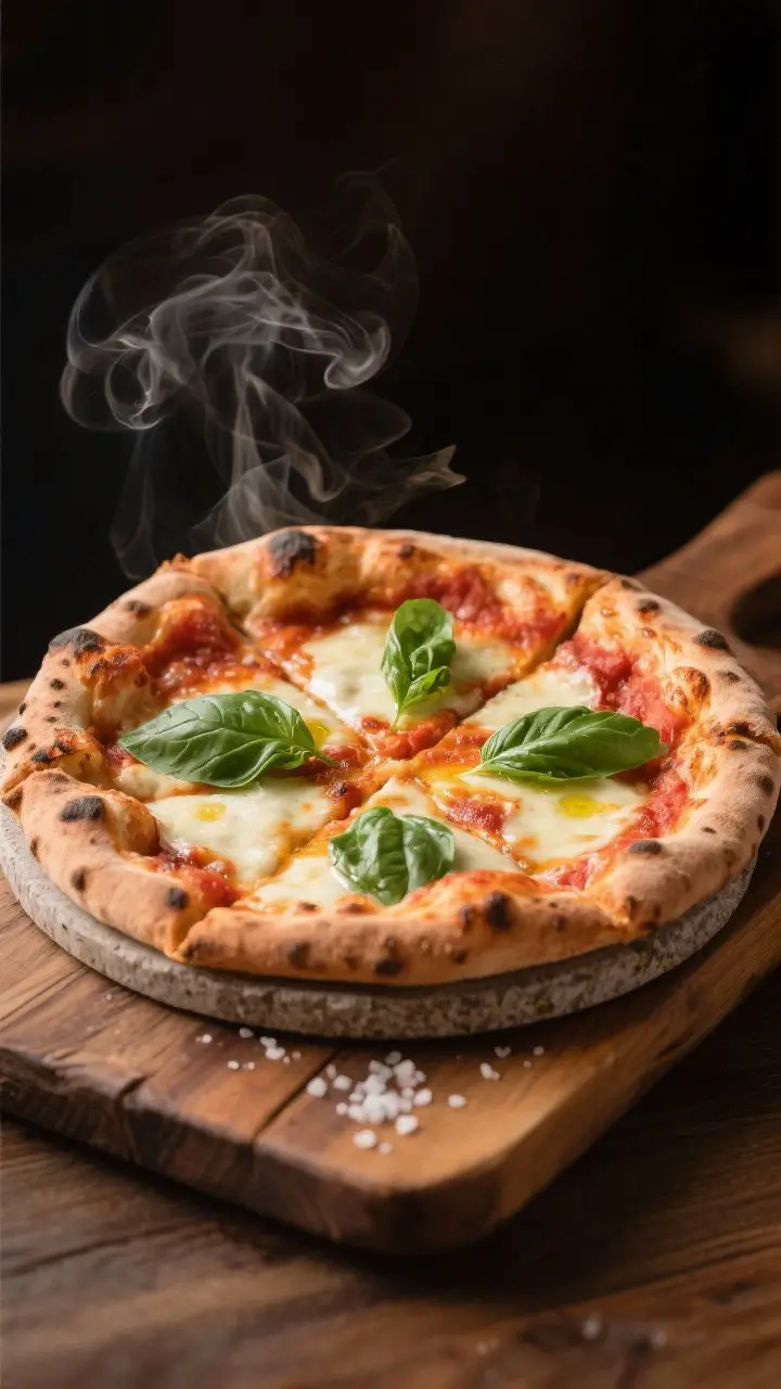 Final dish presentation: Restaurant-quality whole Margherita pizza on a warm-toned pizza stone set o