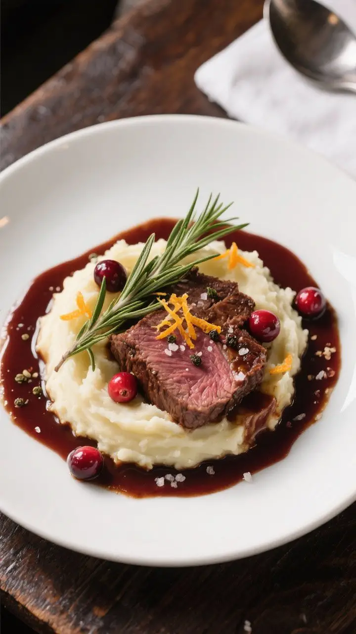 Final dish presentation: Tasty top view of the cranberry balsamic roast beef plated over creamy mash