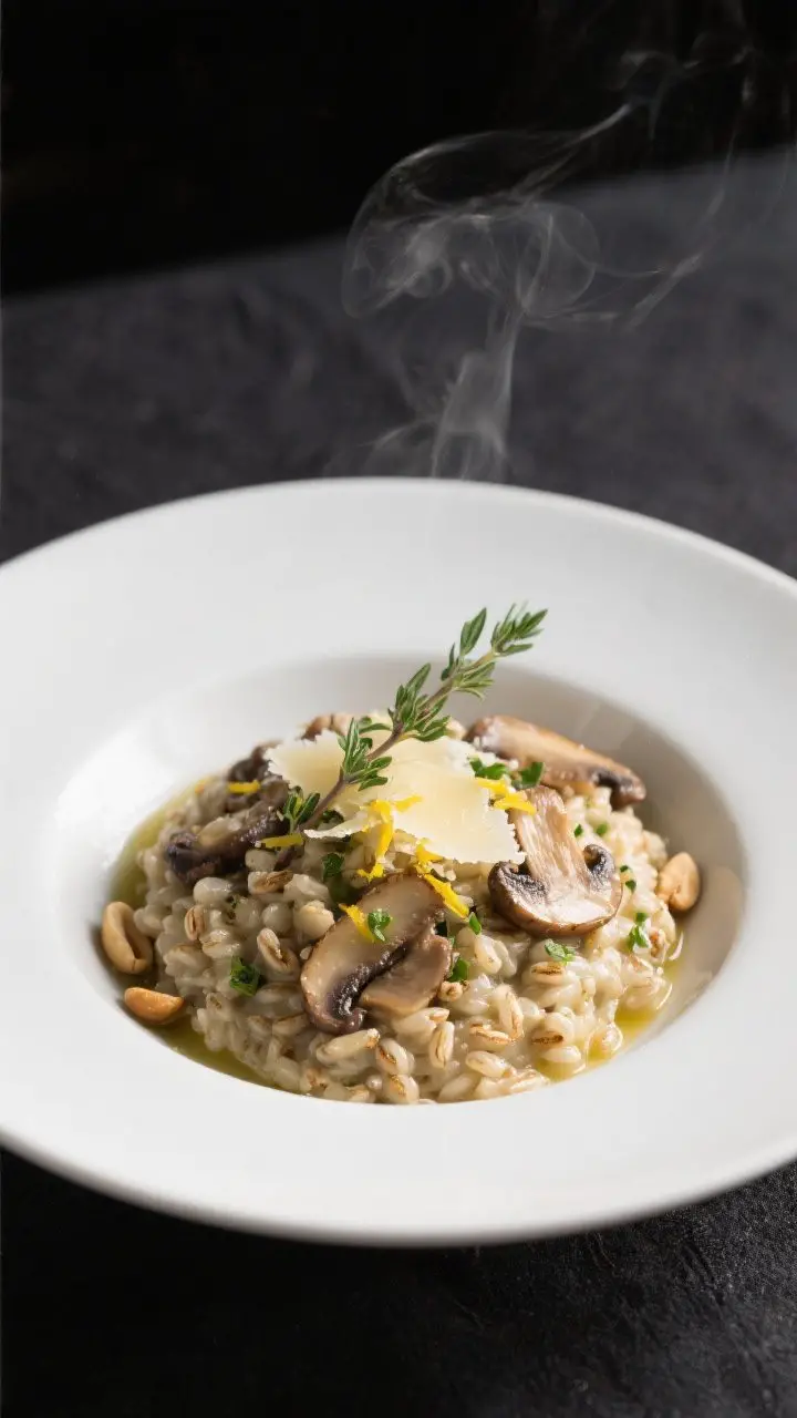 Final dish, restaurant plating: Elegantly plated Barley and Mushroom Risotto in a shallow white coup