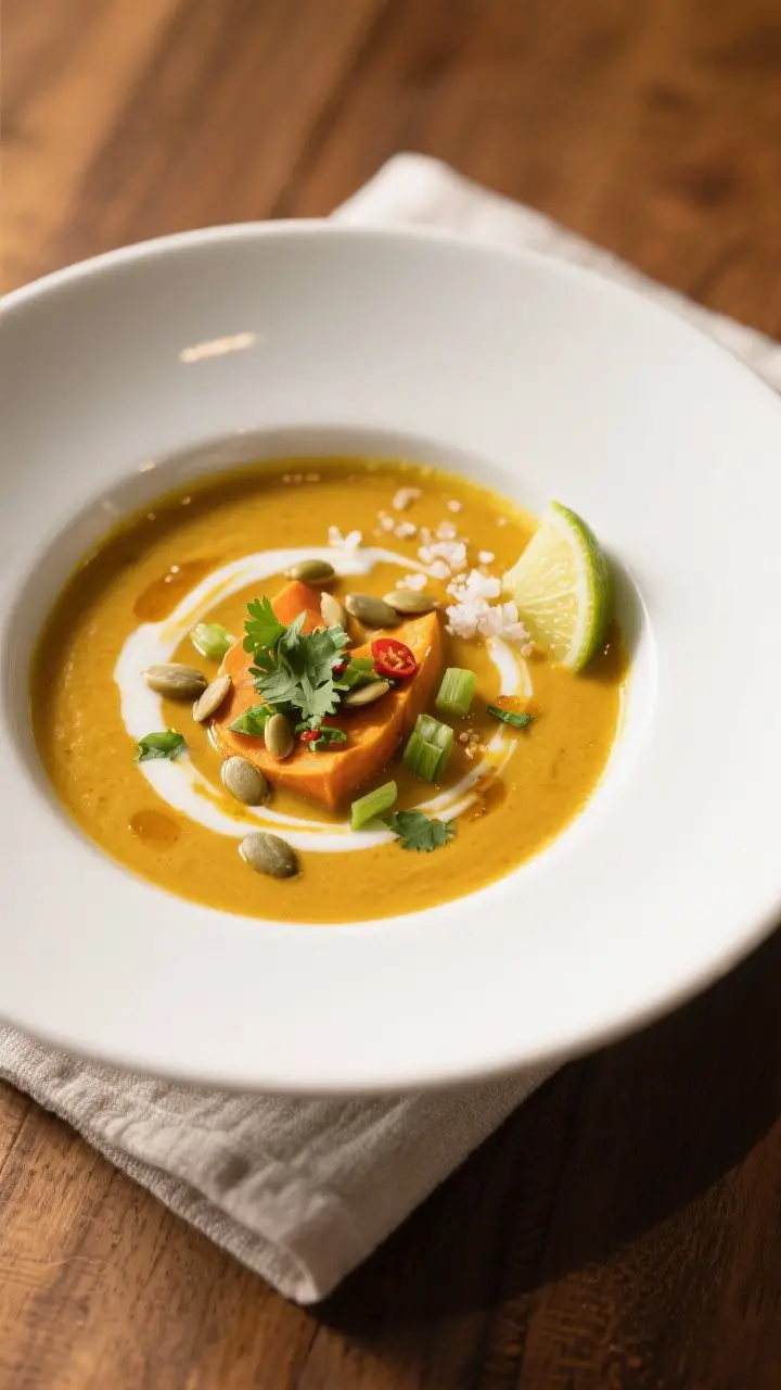 Final dish, restaurant-quality plating: A deep matte-white bowl filled with silky curried sweet pota