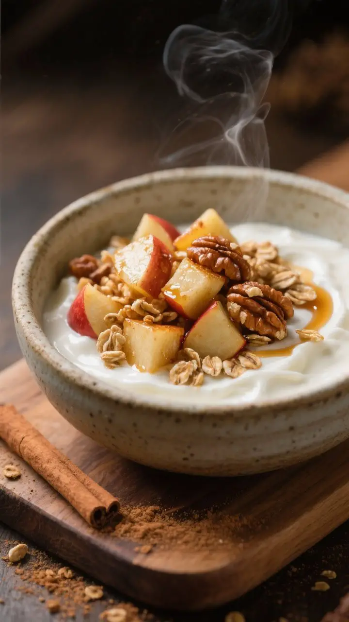 Final dish, styled detail: Close-up of “Apple Pie Yogurt” variation—cinnamon-spiced Greek yogu