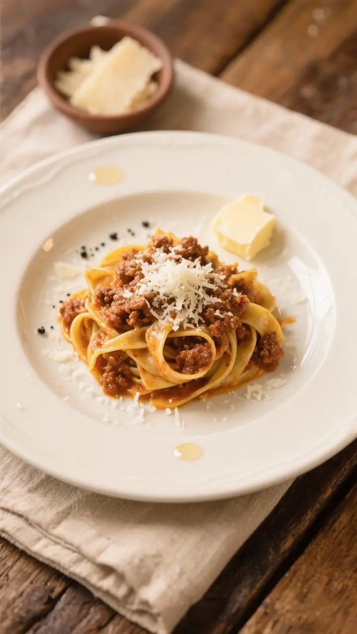 Final dish, tasty top view: Overhead shot of fresh tagliatelle married with Bolognese ragù, sauce c
