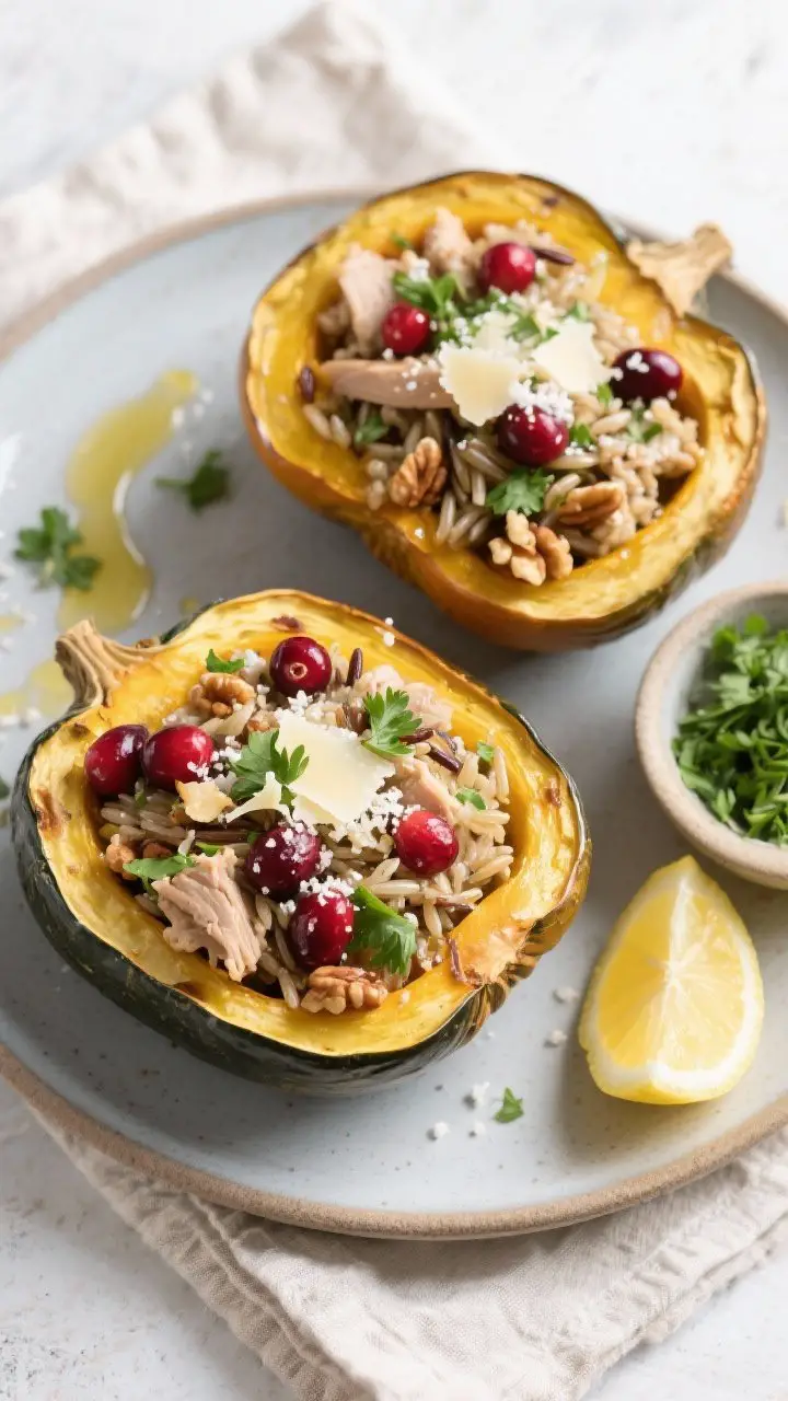 Final dish top view: Overhead shot of Turkey and Wild Rice Stuffed Acorn Squash—two halves piled h