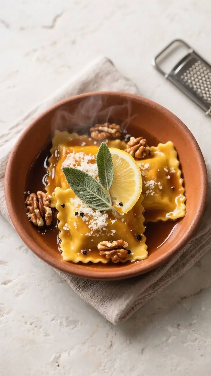 Final dish top view: Plated pumpkin sage ravioli in warm bowls, coated in glossy brown butter and fi