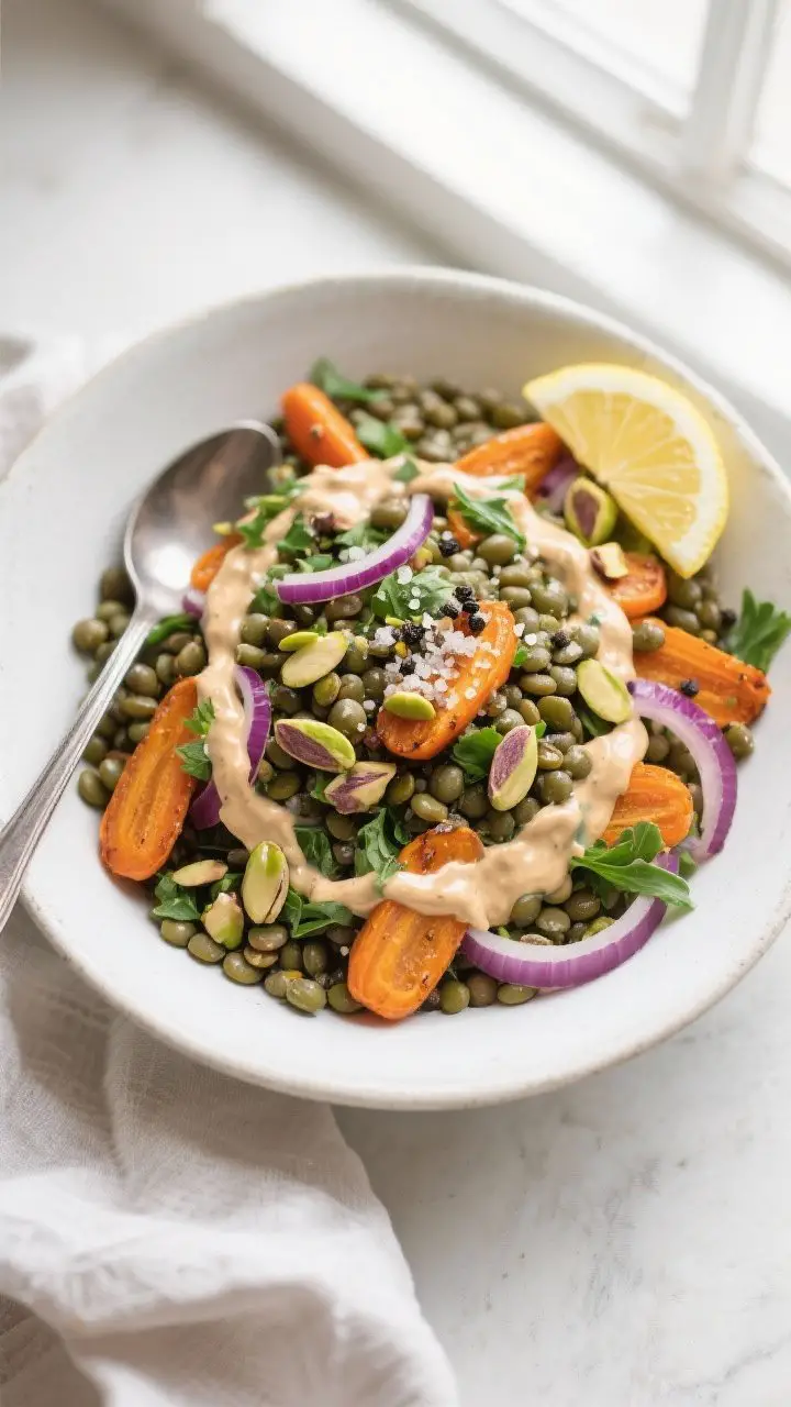 Final dish top view: Roasted Carrot and Lentil Salad fully assembled in a matte white shallow bowl,