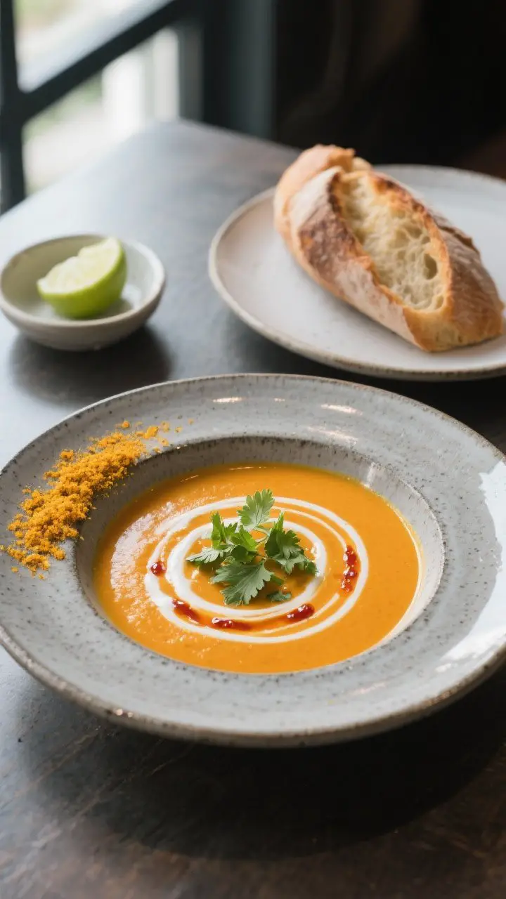 Final plated beauty: Butternut squash curry soup presented as a dinner-party-ready course in a shall