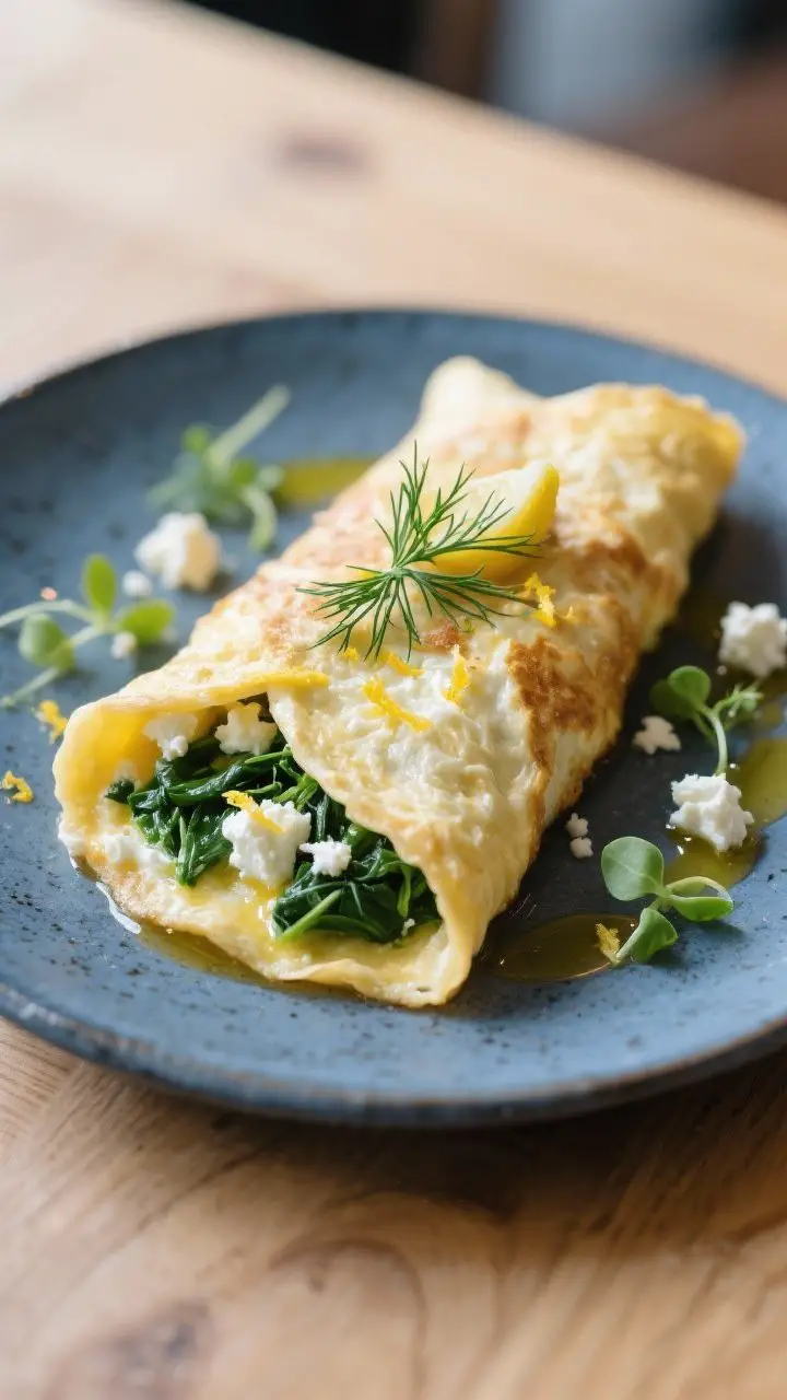 Final plated beauty: Restaurant-quality presentation of a cottage cheese omelette with a Greek twist