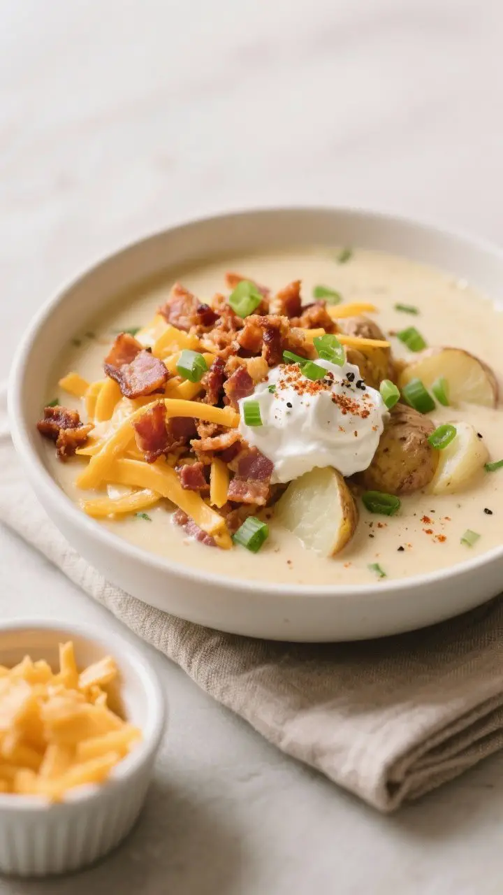 Final plated bowl beauty: A cozy, restaurant-quality bowl of Loaded Baked Potato Soup served in a ma