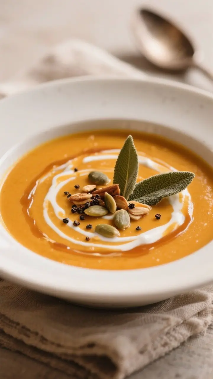 Final plated bowl, close-up detail: Close-up of a silky-smooth pumpkin soup with maple and cinnamon