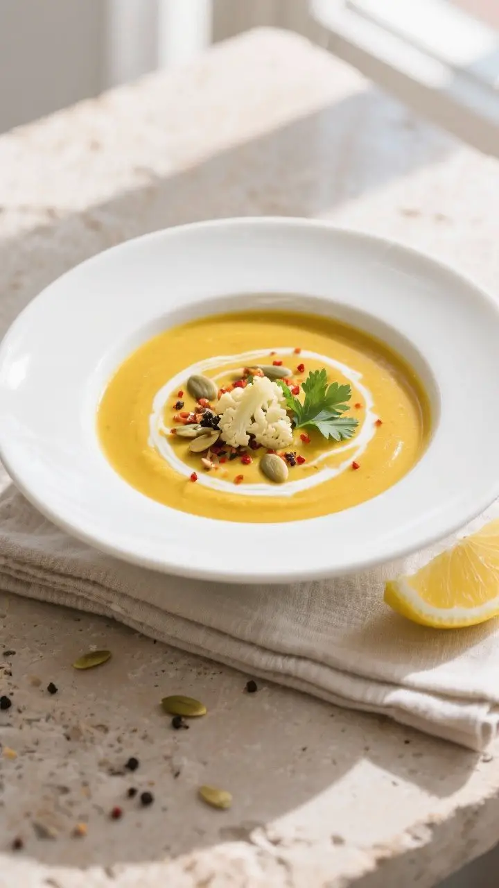 Final plated bowl, : Creamy Cauliflower & Turmeric Detox Soup blended silky-smooth and vividly golde