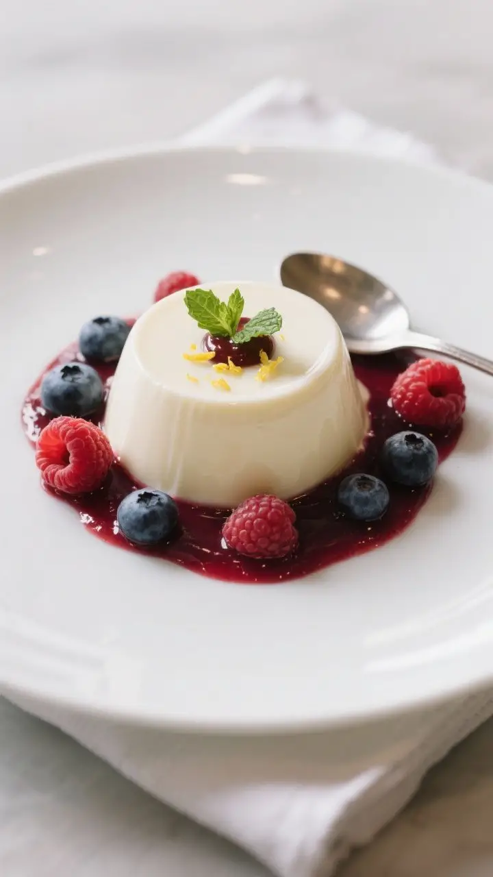 Final plated dessert: Unmolded panna cotta centered on a matte white plate, surrounded by a neat poo