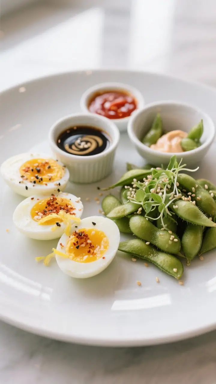 Final plated dish beauty shot: Halved hard-boiled eggs with perfectly set golden yolks, sprinkled wi