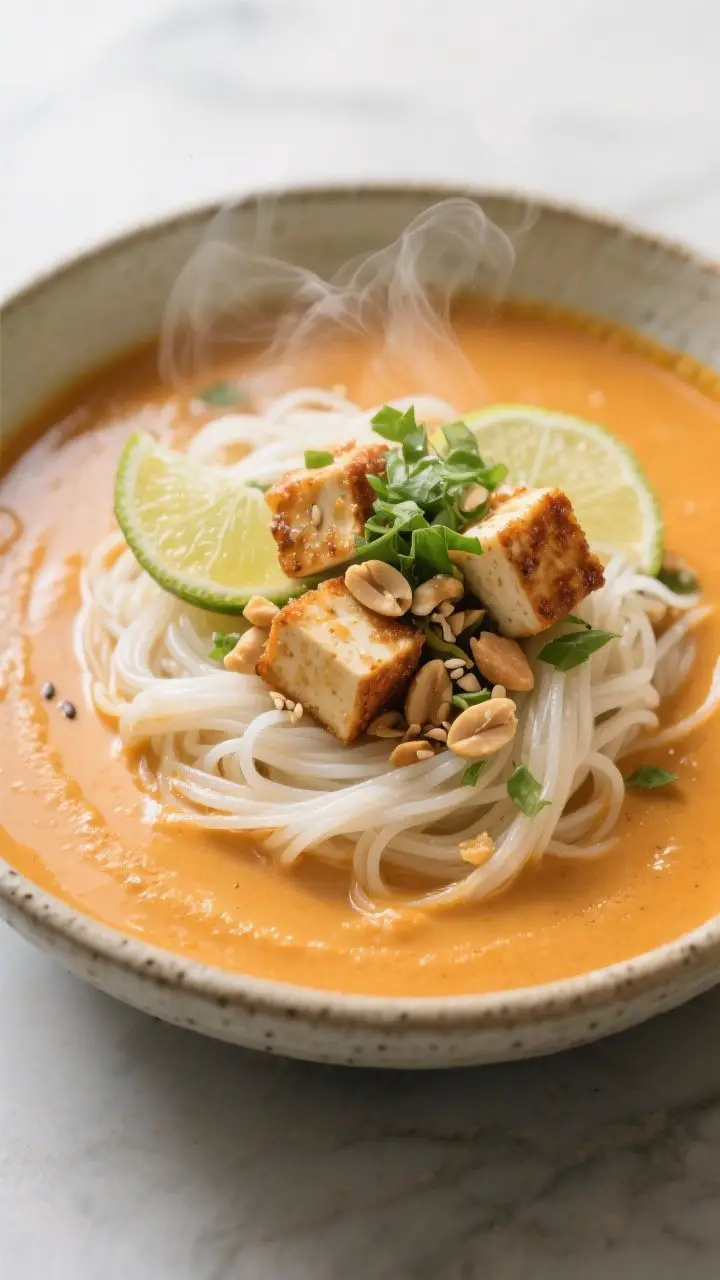 Final plated dish, close-up detail: Ultra-smooth pumpkin-coconut soup ladled thickly over a nest of