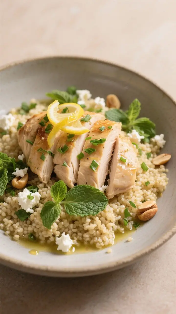 Final plated dish, close-up elegance: Restaurant-quality plating of the Lemon Herb Chicken and Cousc