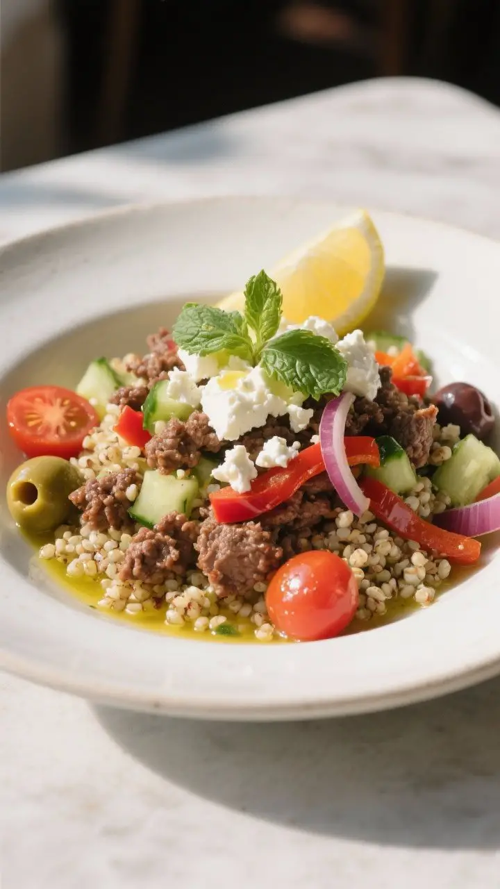 Final plated dish, : Mediterranean beef and quinoa salad fully assembled in a wide, shallow white bo