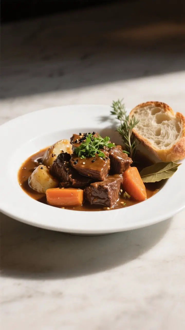 Final plated dish: Restaurant-quality bowl of Guinness beef stew served in a wide white bowl, beef s