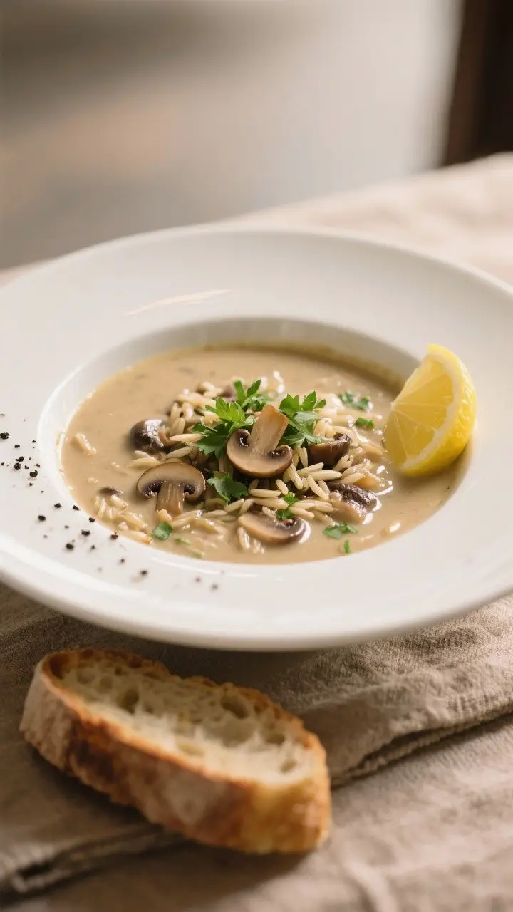 Final plated dish: Restaurant-quality bowl of Mushroom & Wild Rice Soup served in a wide, white cera