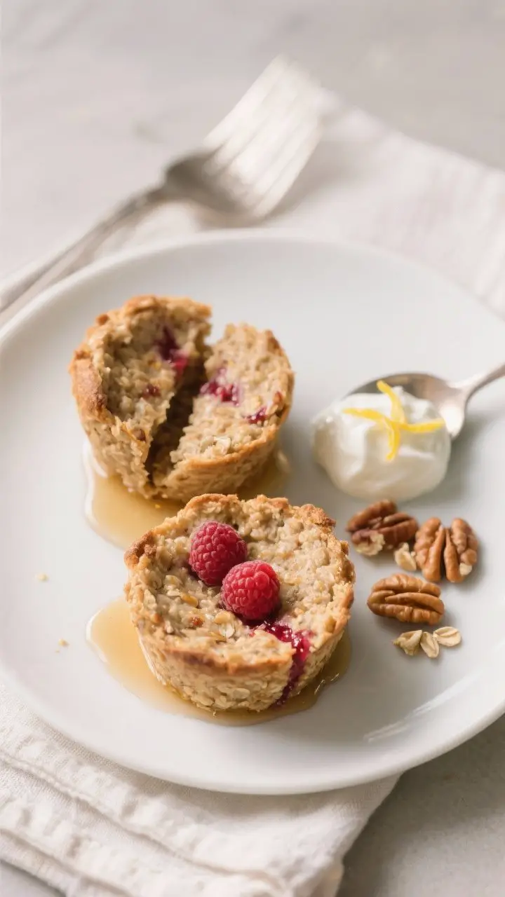 Final plated dish: Restaurant-quality breakfast scene featuring two baked oatmeal cups on a white ce