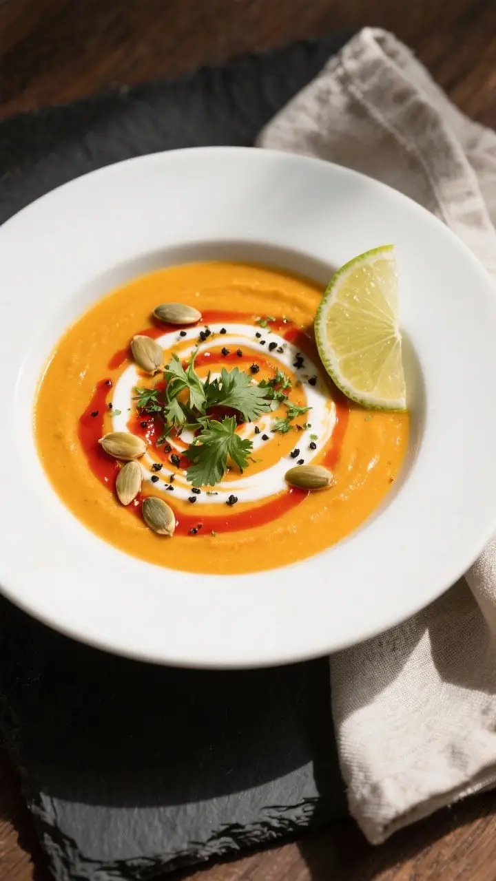 Final plated dish, restaurant-quality presentation: A wide, low white bowl of Pumpkin Detox Soup, ul