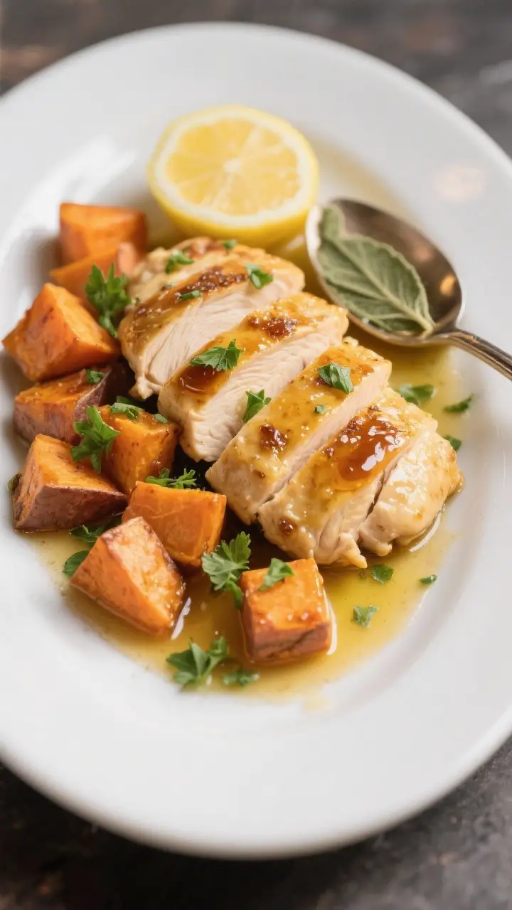Final plated dish: Restaurant-quality presentation of Sage Butter Chicken with Sweet Potatoes on a w