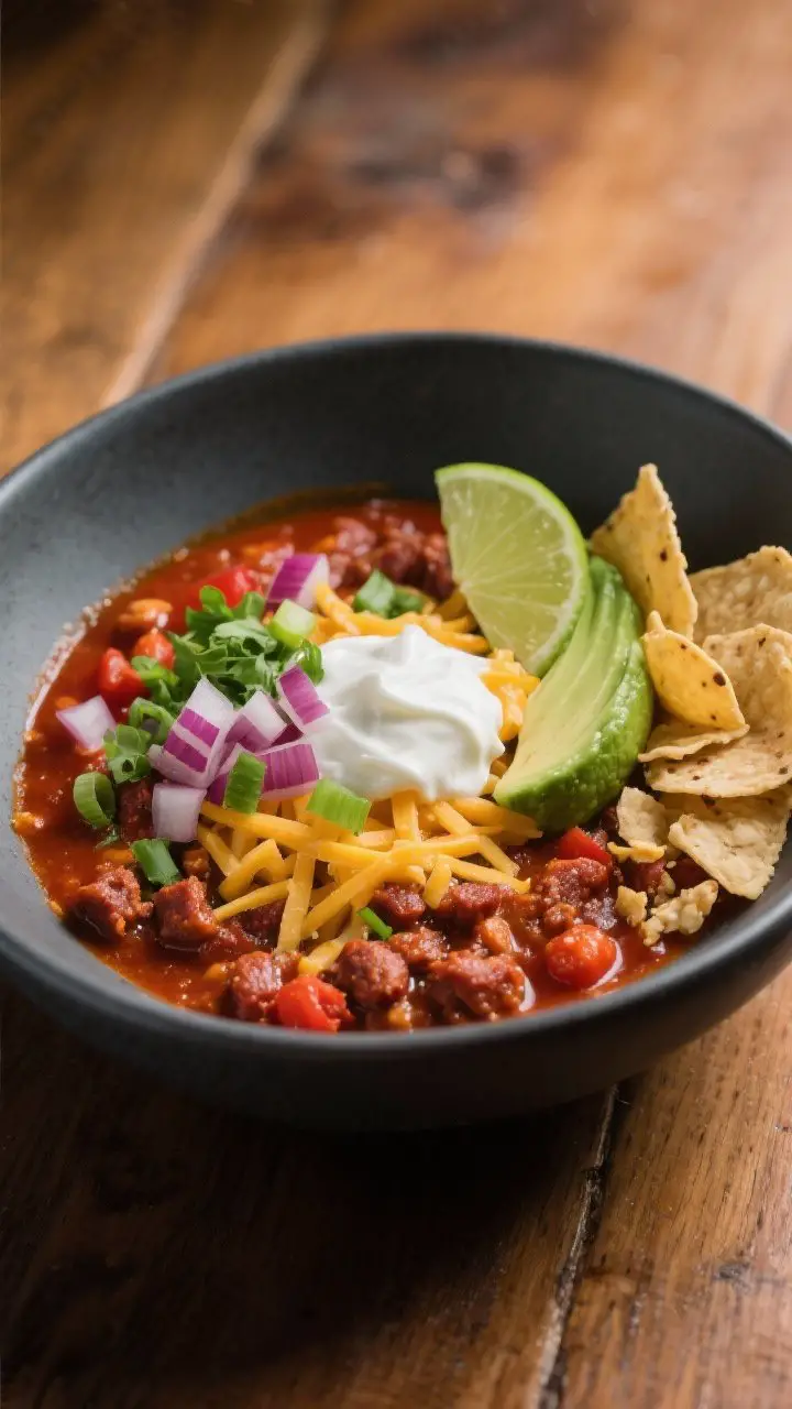 Final plated dish, restaurant-quality presentation: Beautifully plated bowl of Spicy Chorizo and Fir