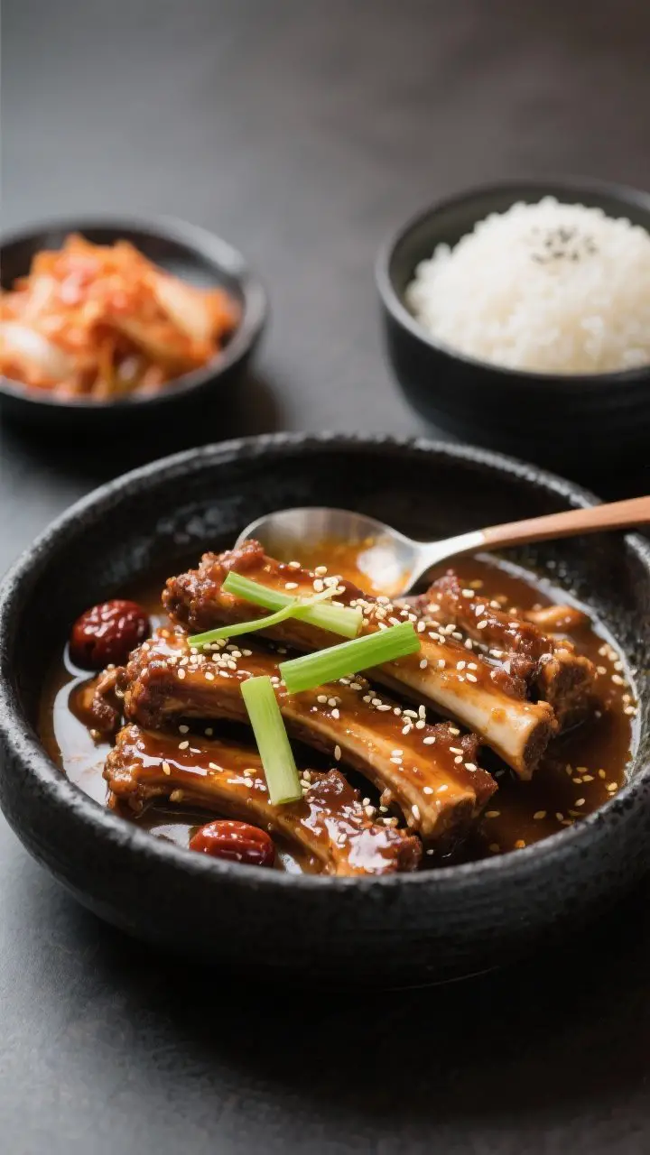 Final plated dish: Restaurant-quality presentation of galbi jjim served family-style in a low, black
