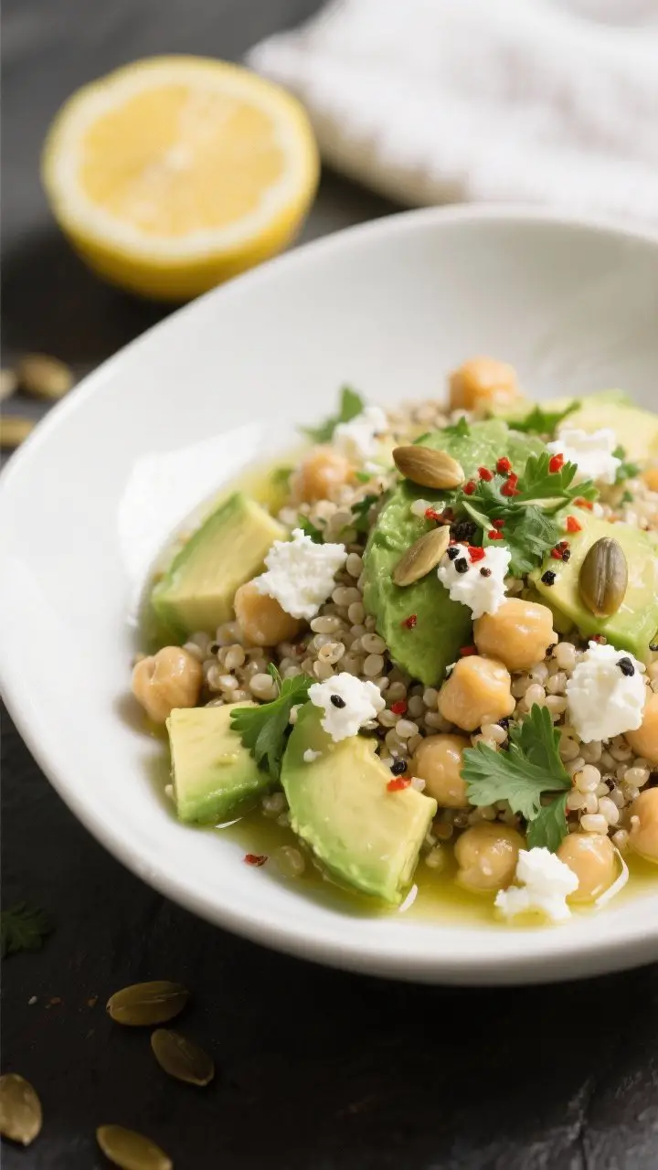 Final plated dish, restaurant-quality presentation: Beautifully plated Chickpea and Avocado Salad wi