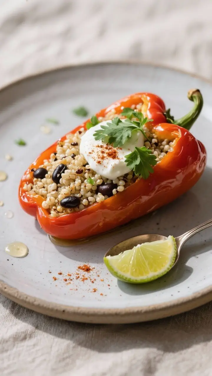 Final plated dish: Single quinoa-stuffed bell pepper plated on a matte ceramic plate with a spoonful
