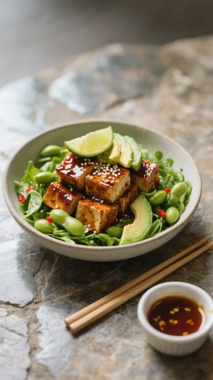 Final plated hero: Beautifully plated single-serving bowl featuring dressed greens lightly glistenin