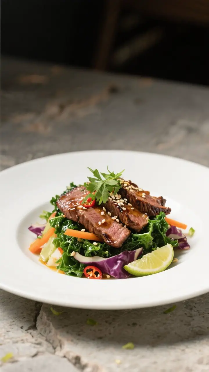 Final plated hero, restaurant style: Beautifully plated individual portion of Asian Sesame Beef and