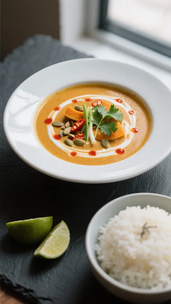 Final plated hero shot: Bowl of Thai Pumpkin Soup with Coconut Milk and Red Curry, ultra-smooth and 