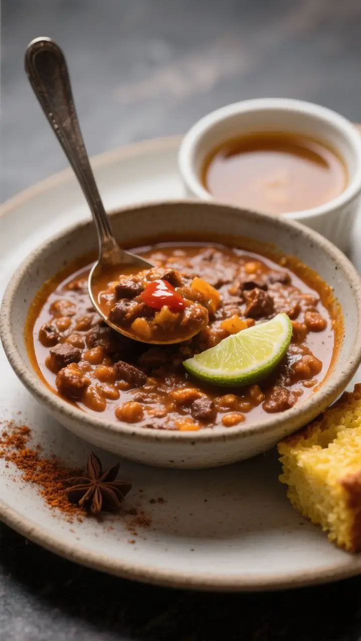 Final plated hero shot: Restaurant-quality presentation of pumpkin chili thickened and glistening, l