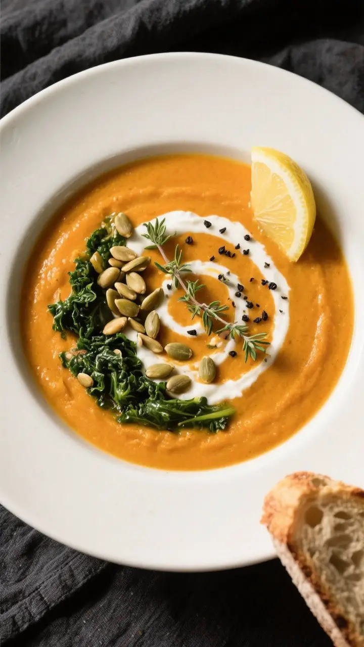 Final plated, overhead: Overhead shot of Sweet Potato and Kale Soup in a wide, off-white bowl on a d