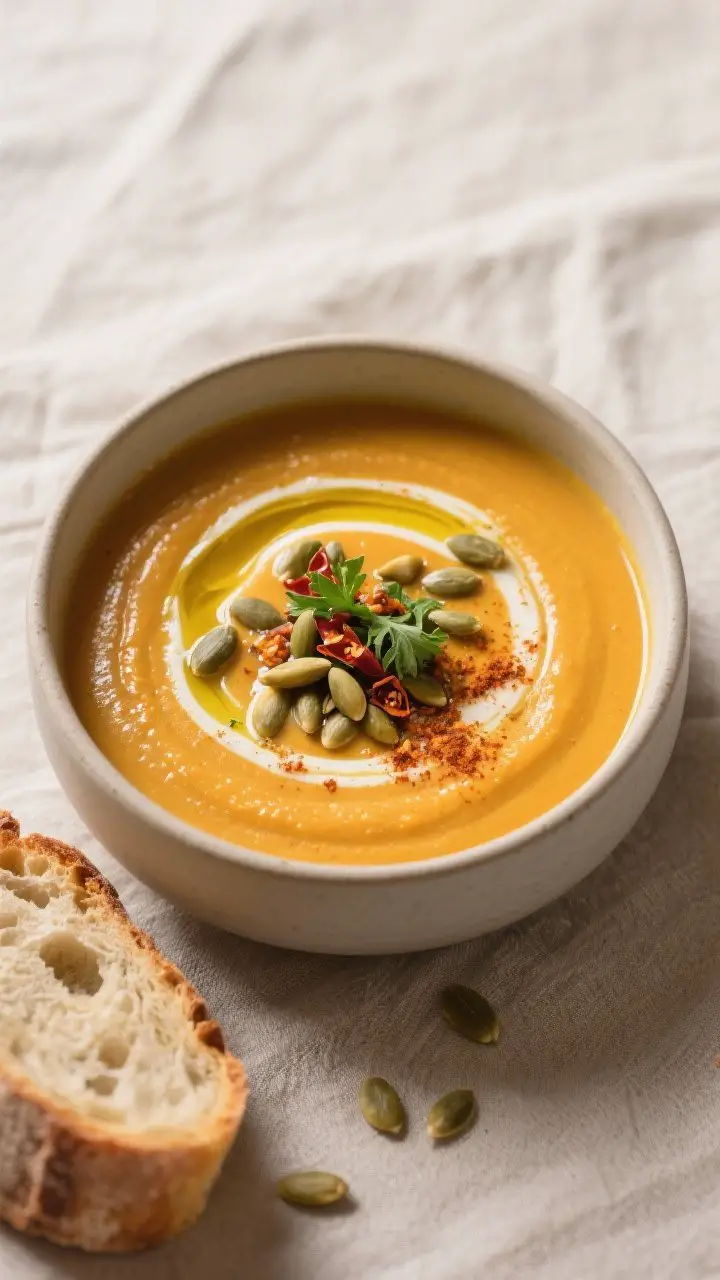 Final plated overhead: Restaurant-quality bowl of roasted pumpkin soup, ultra-smooth and glossy; fin