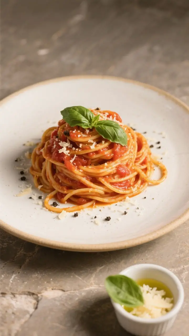 Final plated overhead: Restaurant-quality top-down shot of spaghetti al pomodoro twirled into a neat