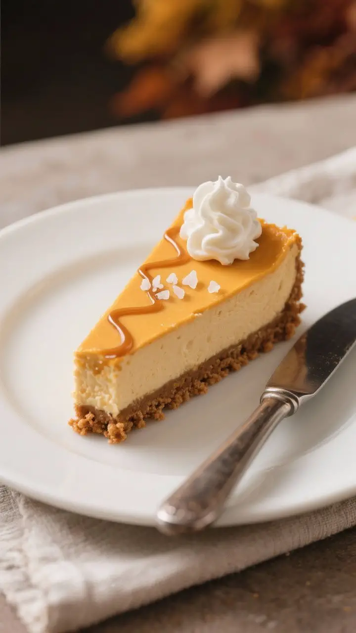 Final plated presentation: A single Pumpkin Cheesecake Bar on a small matte white plate, three-quart