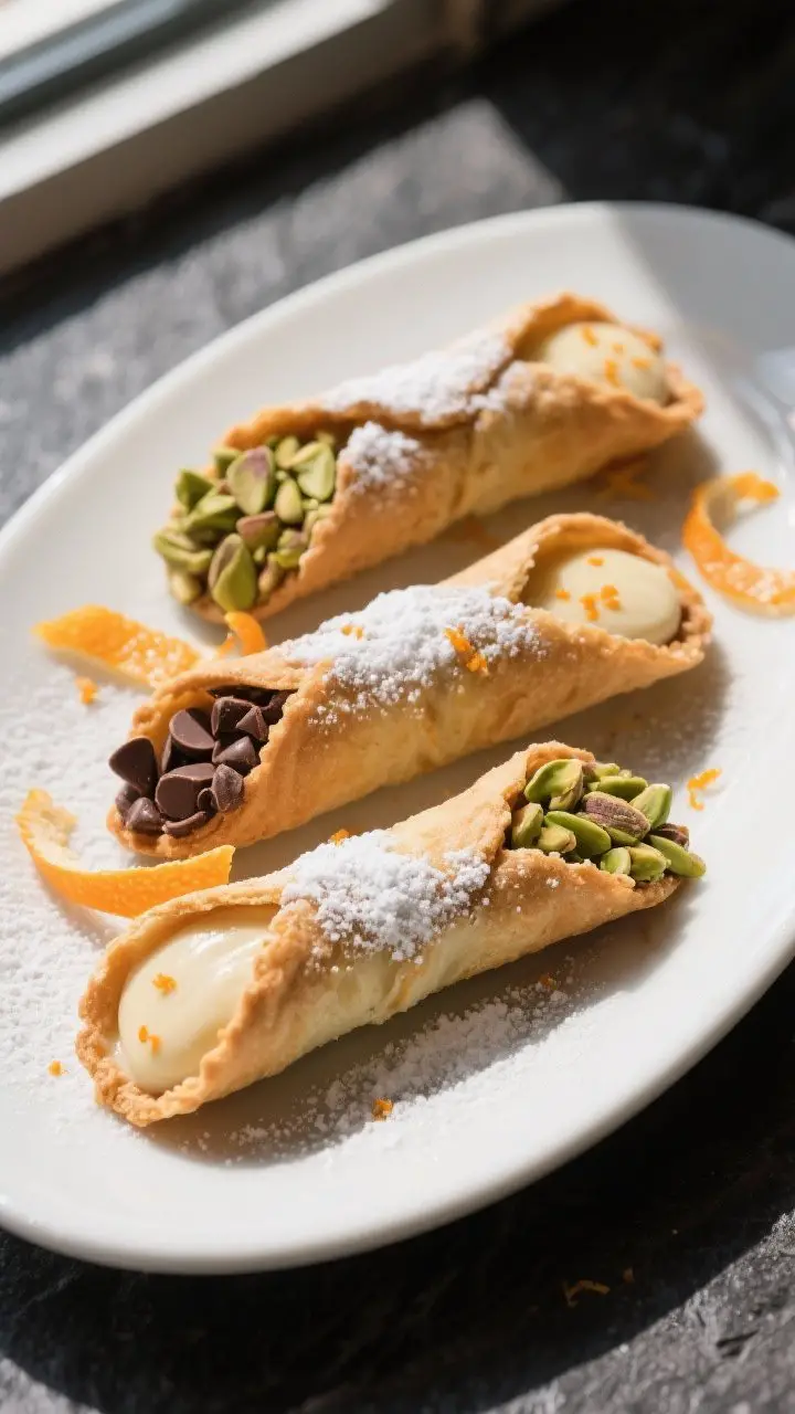 Final plated presentation: a trio of finished cannoli arranged on a simple white oval platter, shell