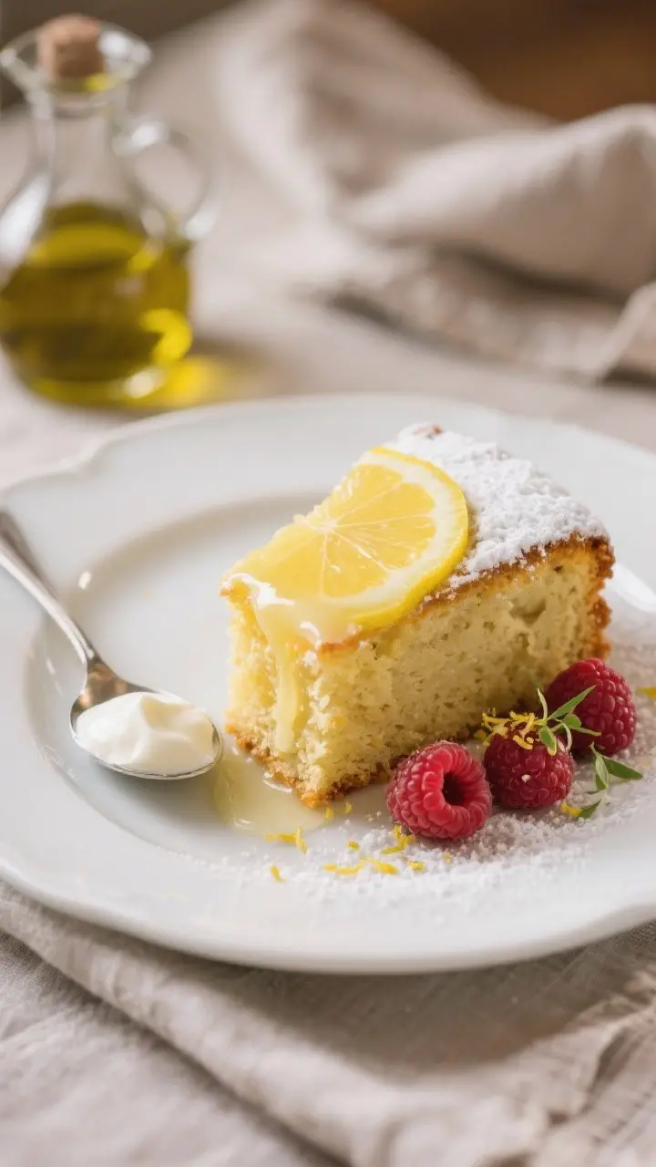 Final plated presentation: Beautifully plated slice of Sicilian Lemon and Olive Oil Cake on a white