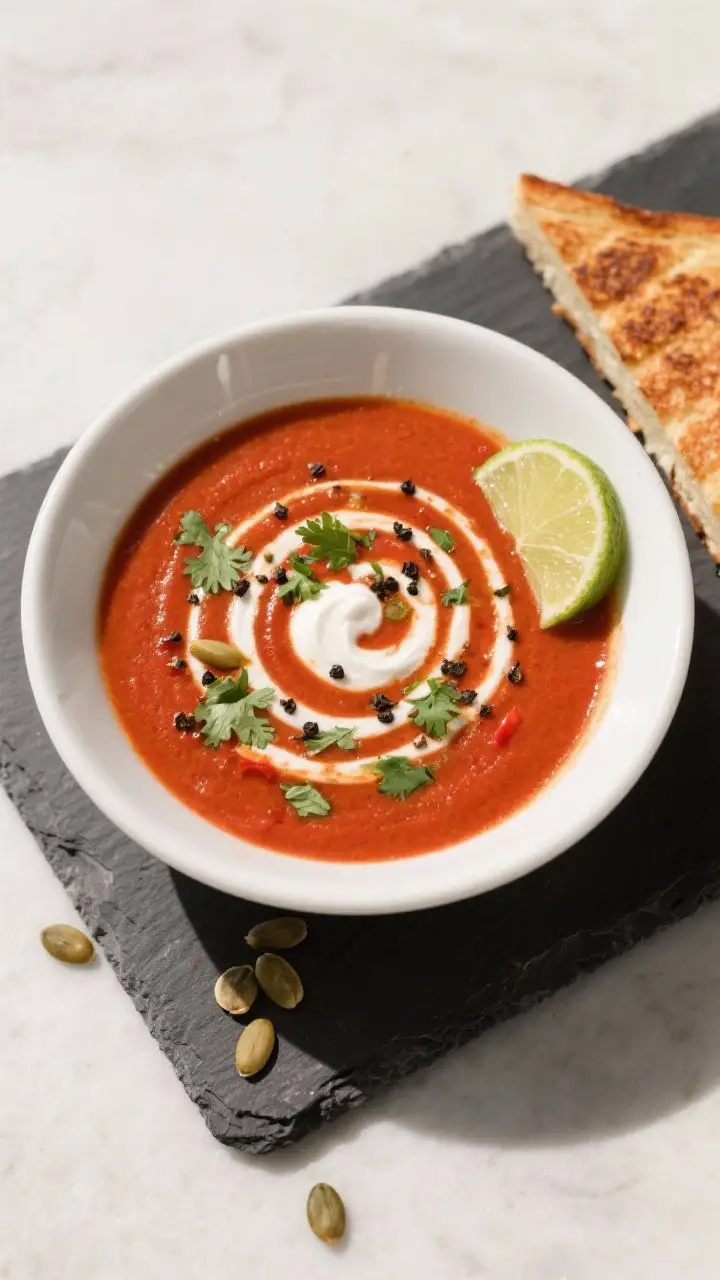 Final plated presentation: Restaurant-quality bowl of Smoky Three-Pepper & Tomato Soup, smooth and g