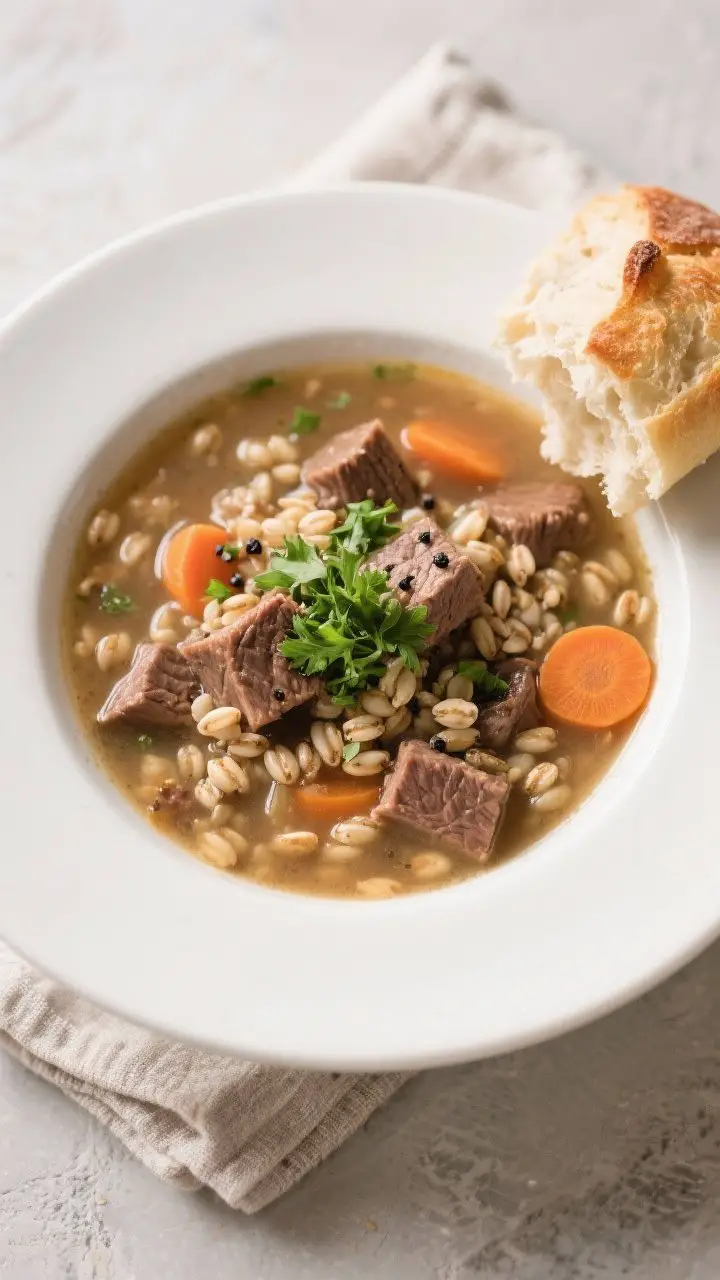 Final plated presentation: Restaurant-quality bowl of Hearty Beef & Barley Crockpot Soup, overhead t