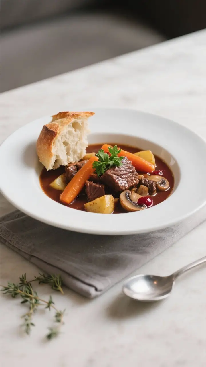 Final plated presentation: Restaurant-quality bowl of red wine beef stew served with a torn piece of