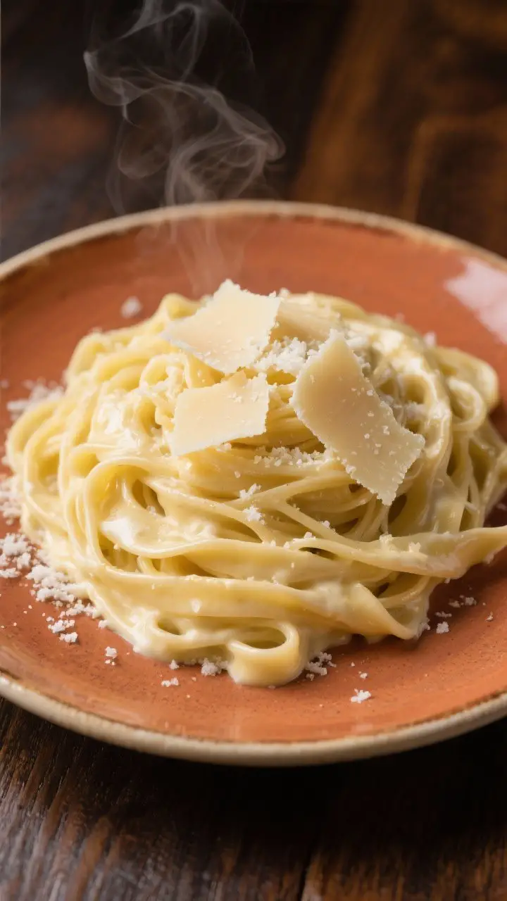 Final plated presentation: Restaurant-quality plate of fettuccine alfredo with an ultra-smooth, velv