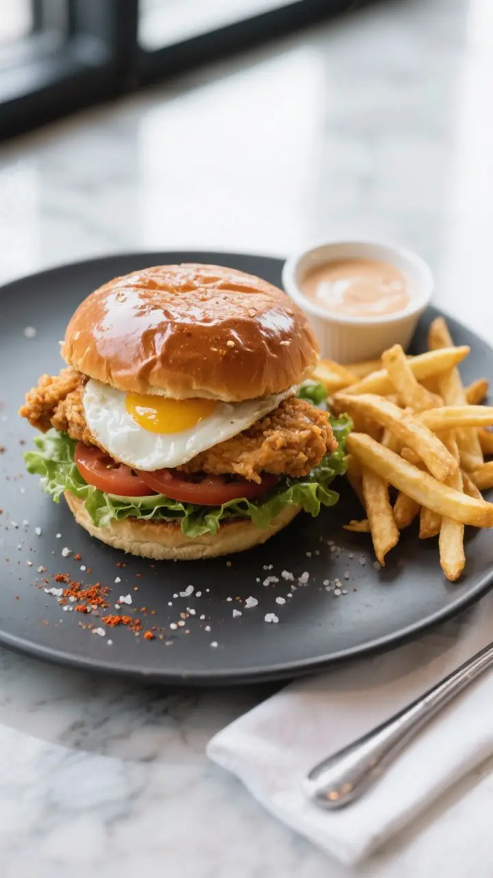 Final plated presentation: Restaurant-quality plating of the full burger stack on a matte charcoal p