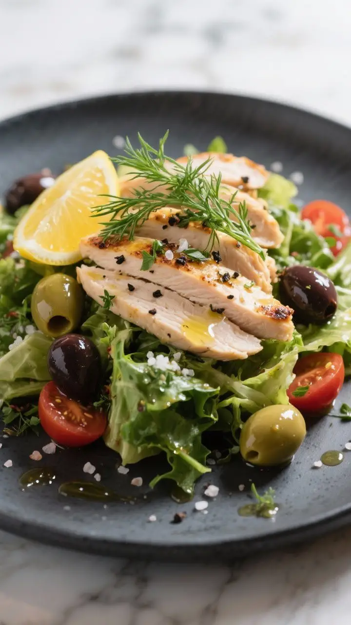 Final plated, restaurant-style close-up: Beautifully plated Greek chicken salad composed on a matte