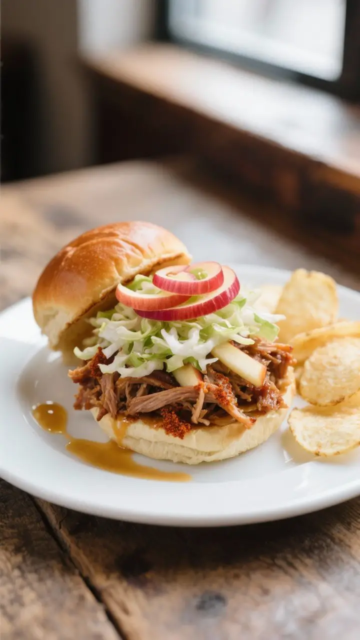 Final plated sandwich: Brioche slider buns piled high with apple cider pulled pork, topped with crun