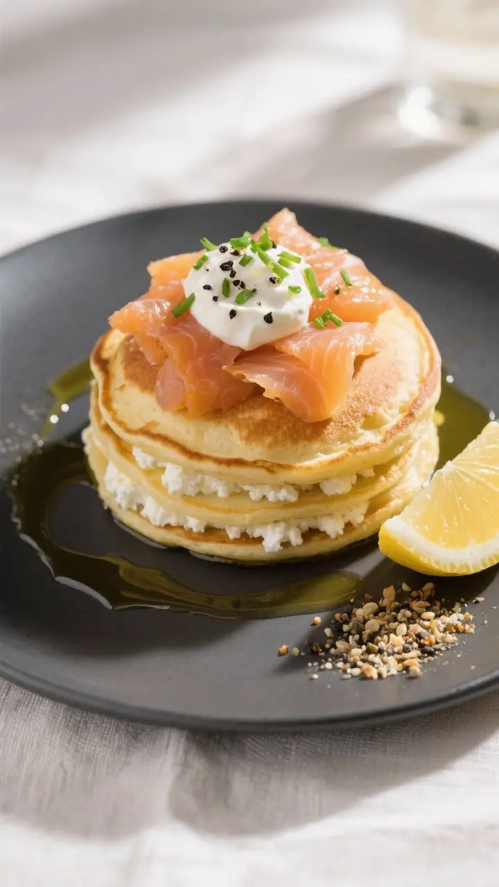 Final plated, savory variation: Beautifully plated savory cottage cheese pancake stack on a matte ch