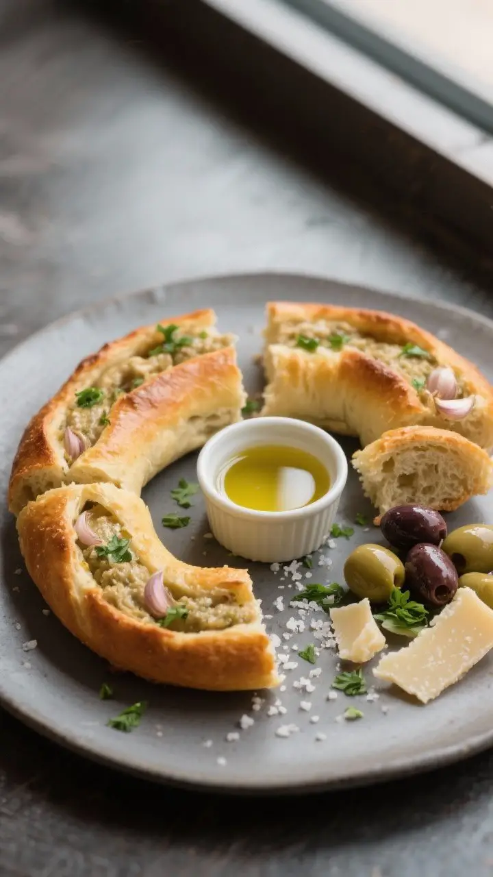 Final presentation: Beautifully plated Sicilian garlic-stuffed bread rings arranged on a matte ceram