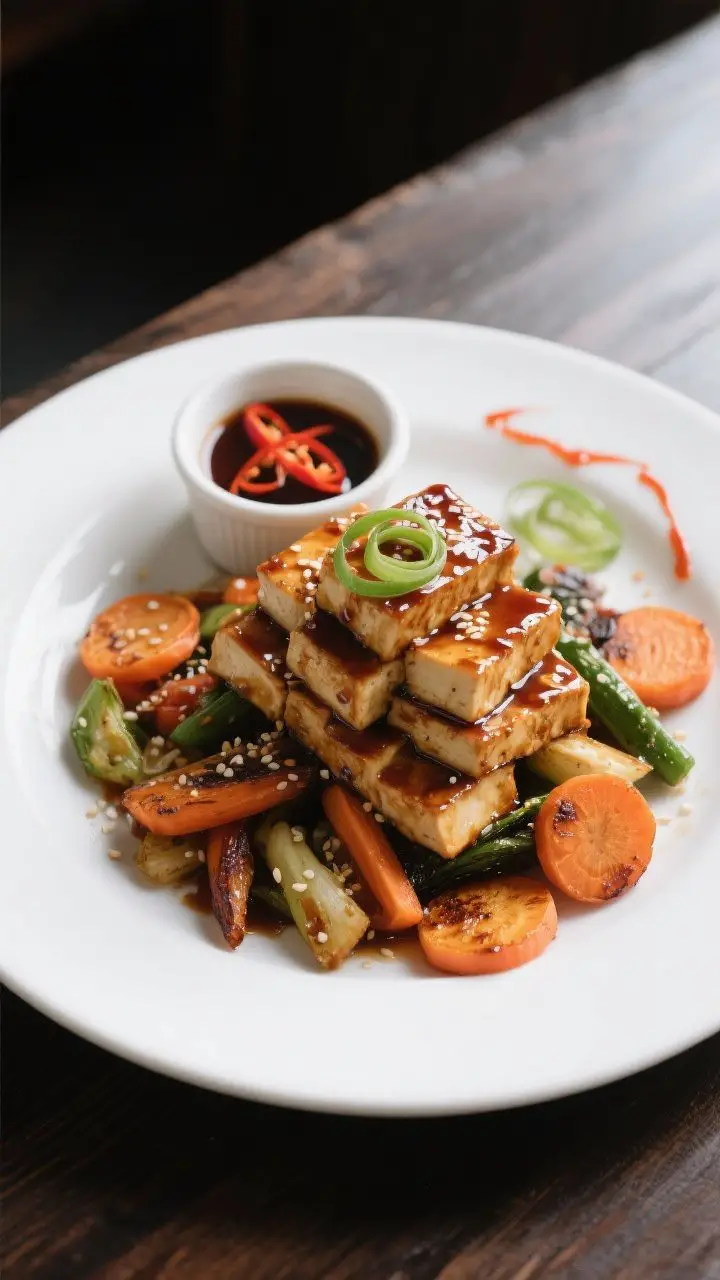 Final presentation hero: Restaurant-quality plated Sheet Pan Teriyaki Tofu with Veggies, tofu stacke