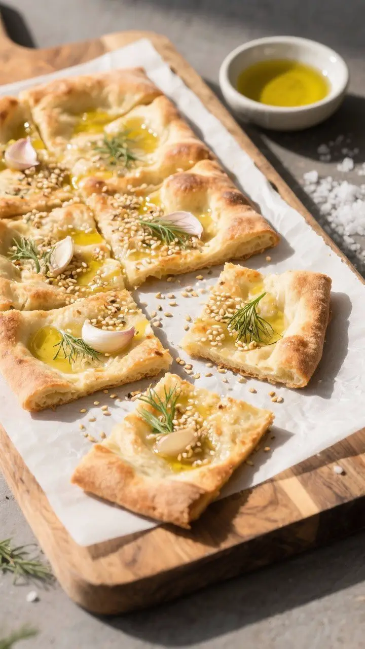 Final presentation top view: Tasty overhead shot of a full sheet of pizza bianca cut into irregular 